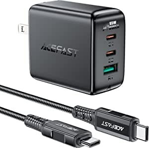 ACEFAST PD 65W 3 端口（双 USB C + USB A）快速充电器套装（包括编织 USB C 线）（23.99 加元）