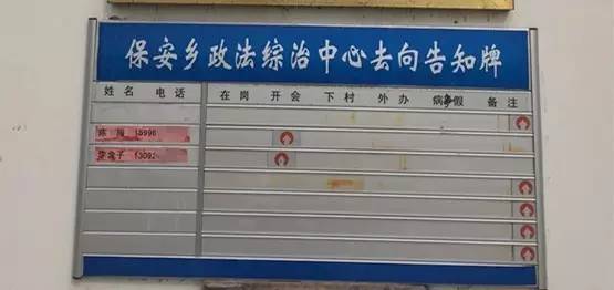 保安乡政法综治中心去向告知牌第二行显示：陈服，开会。