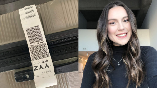A split photo of luggage found in downtown Toronto (left) and its owner (right).