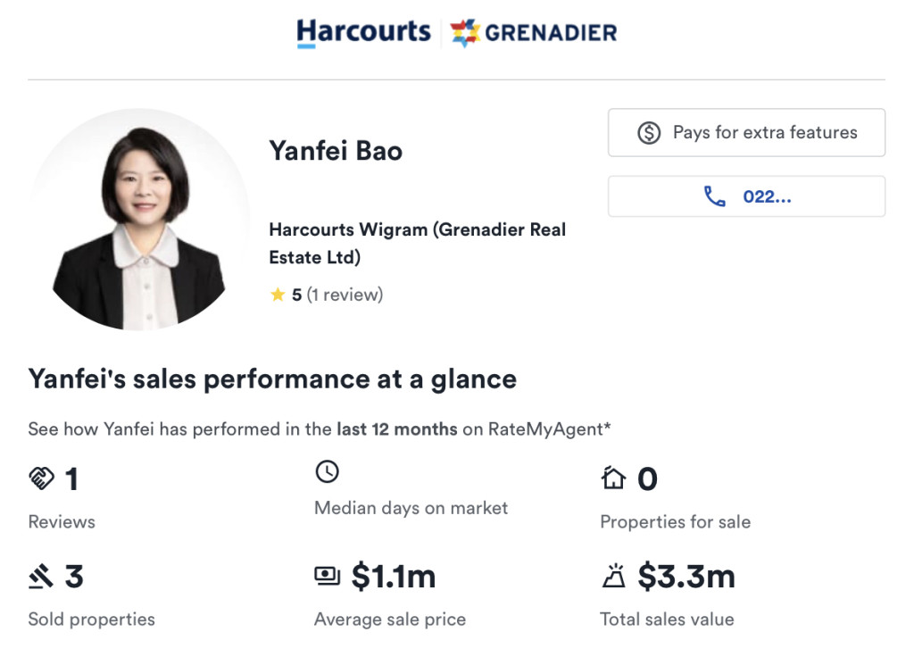 包燕飞（Yanfei Bao，音译）在Harcourts Wigram任职地产经纪，图为其个人资料介绍页。 