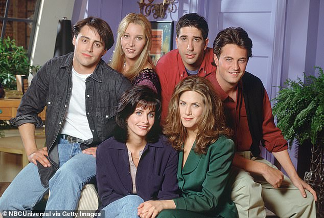 The Friends cast -&nbsp;Courteney Cox Arquette as Monica Geller, Matt LeBlanc as Joey Tribbiani, Lisa Kudrow as Phoebe Buffay, David Schwimmer as Ross Geller, Matthew Perry as Chandler Bing, Jennifer Aniston as Rachel Green (clockwise from bottom left)