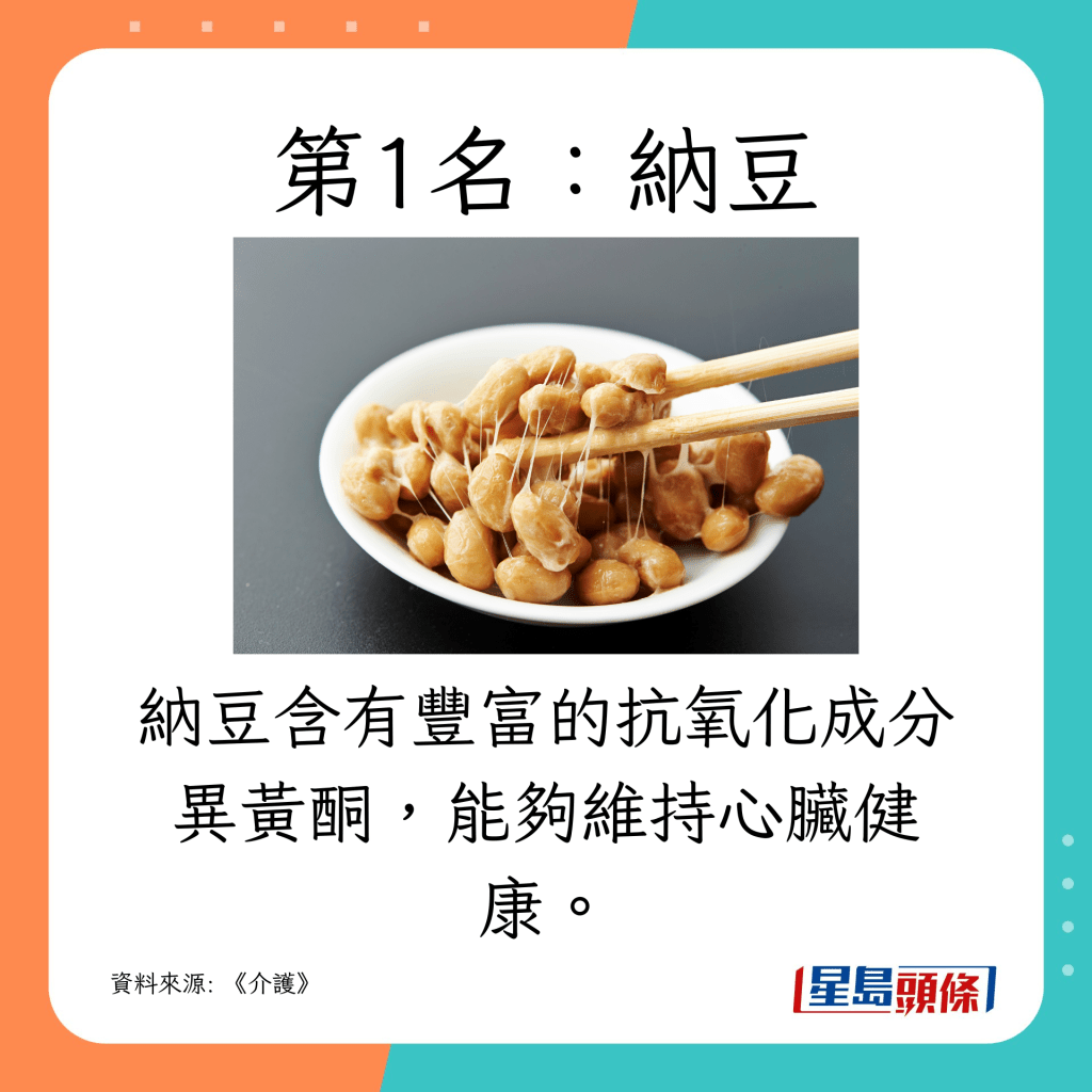 纳豆含有丰富的抗氧化成分异黄酮，能够维持心脏健康。