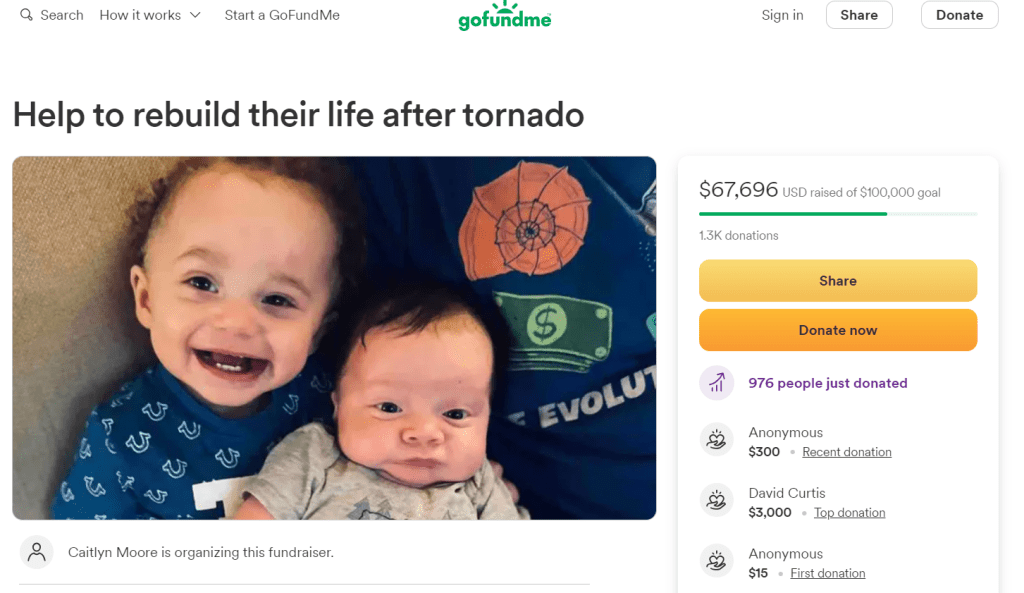 摩尔一家创建了一个众筹页面募捐,望可助他们重建家园。 GoFundMe 摩尔一家创建了一个众筹页面募捐,望可助他们重建家园。 GoFundMe