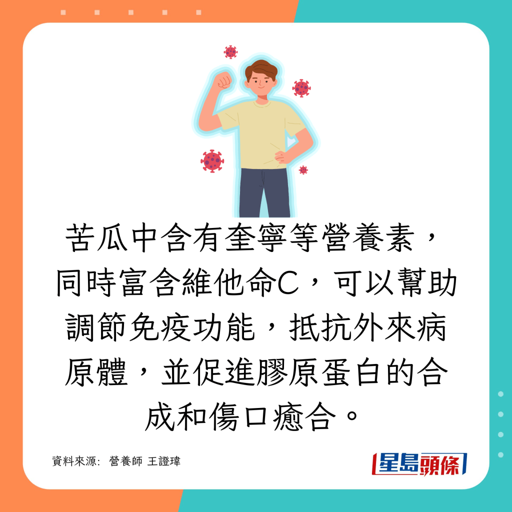 苦瓜含有奎宁及维他命C，有助调节免疫功能