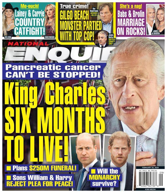 英王查尔斯被八卦刊物封面称只剩下半年的生命。图／摘自National Enqui...