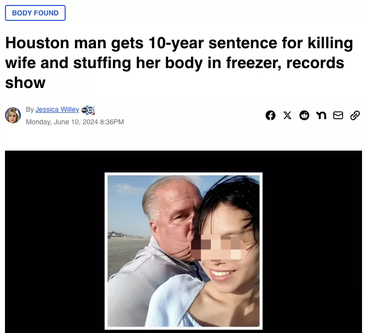 杀害亚裔妻子藏尸冰柜 美国男子认罪 或10年监禁