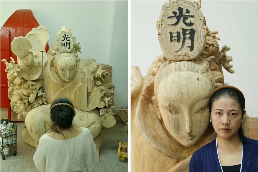 &ldquo;照海&rdquo;经三块原木雕刻、拼接而成，最后搬进古厝组装