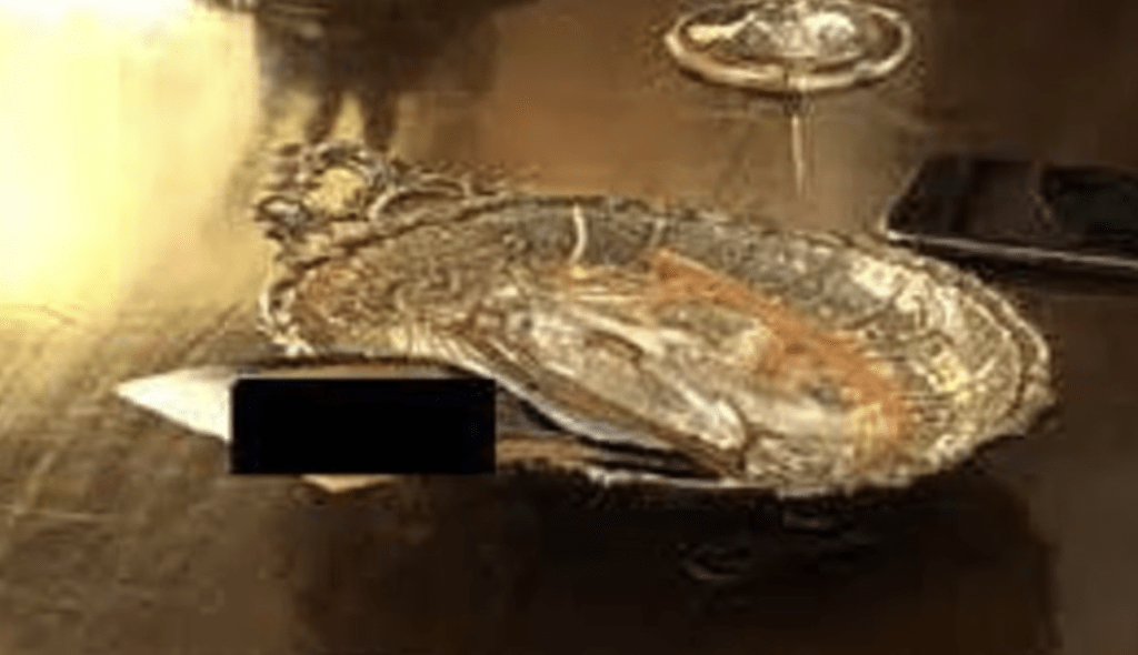 一张照片则放在一个碟子上，人物面部被掩盖，似为保护其身份。