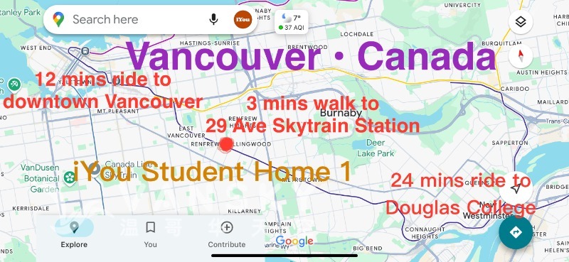 3分钟到29Ave天车站，12分钟到温哥华市中心，学生及工作人士的便捷住处